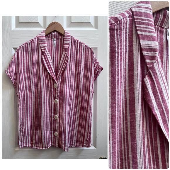MNG Mango Basics Striped Camp Collar Linen Blend Button Top Size 8 Medium - Picture 1 of 11
